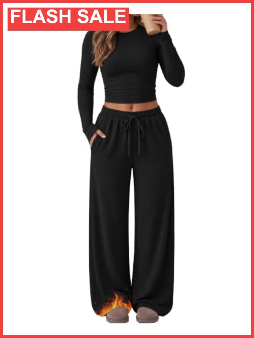 Womens Fleece Lounge Set Ruched Top Wide Leg Pants 2 Piece Thermal Outfit